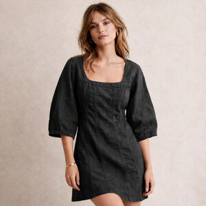 Banana Republic Lantern Sleeve Linen-Blend Dress Black Sz 6